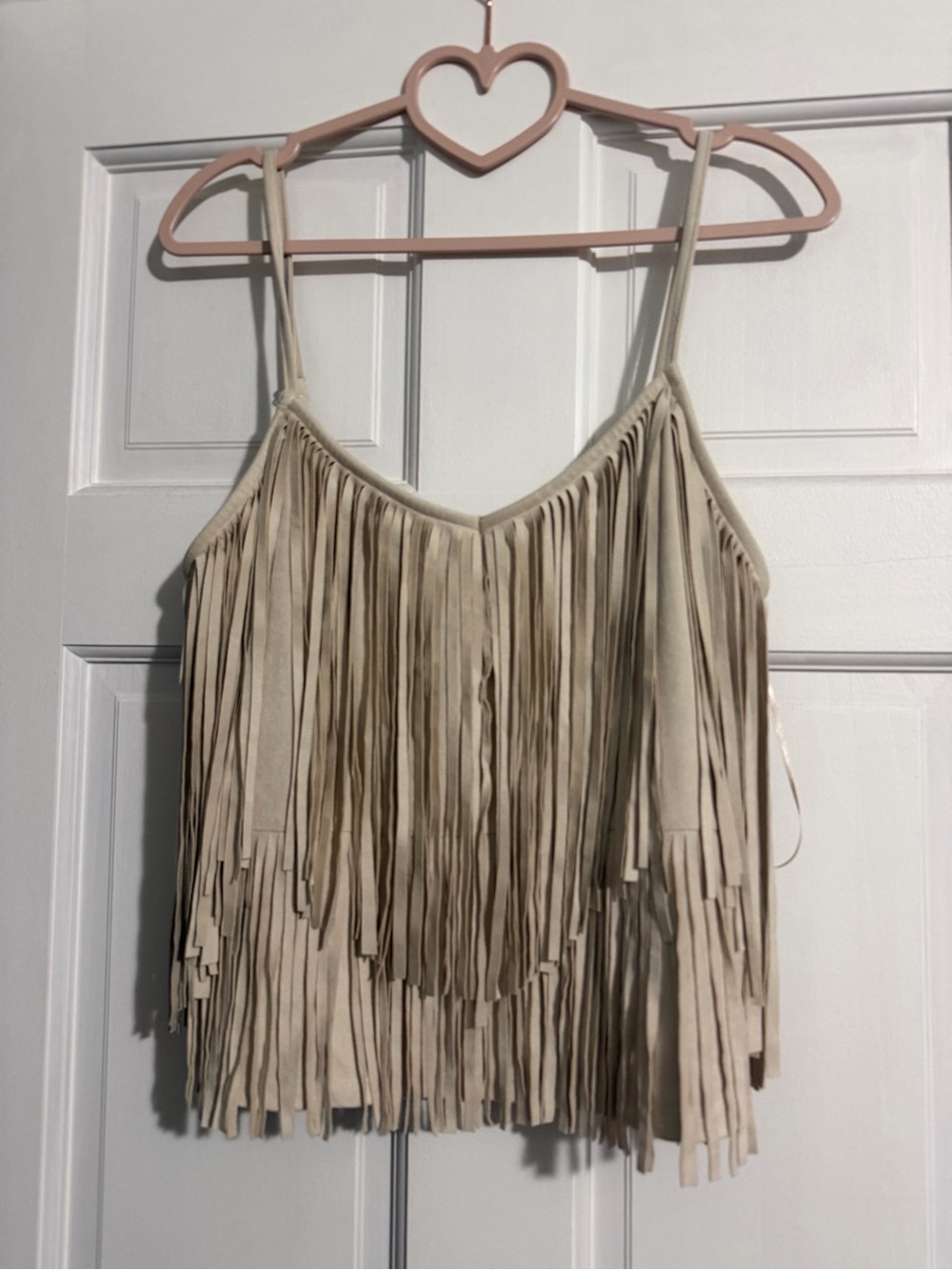Fringe Suede-Look Spaghetti Strap Tank Top - Cream